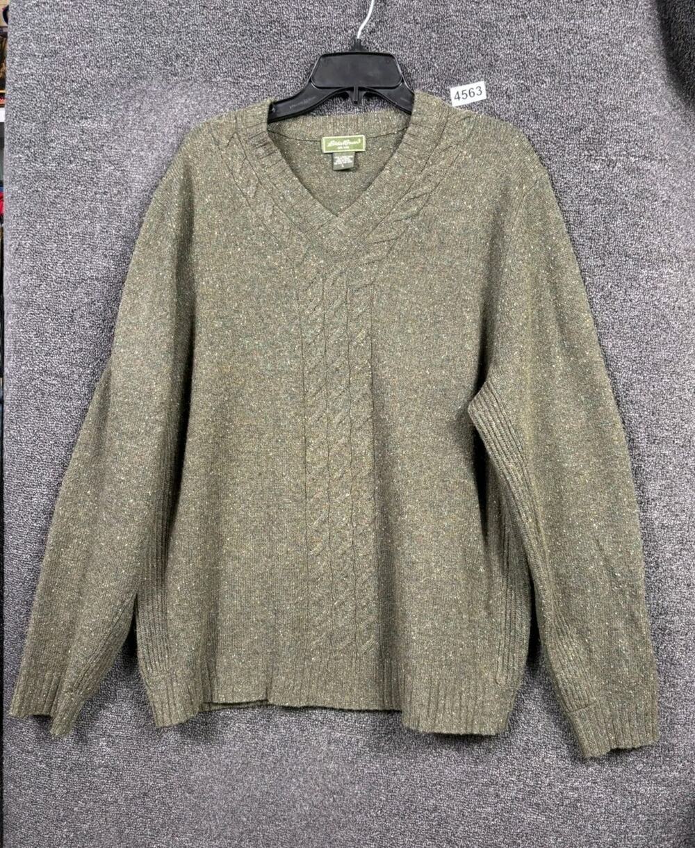 Eddie Bauer Lambswool Knit Sweater Mens Size L Olive Green V-Neck Long Sleeve